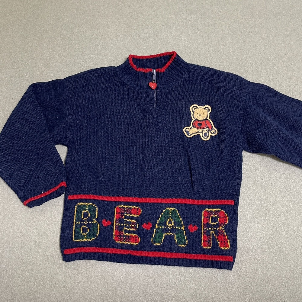 Vintage Girls Sweater Small 7/8 Bear 1/4 Zip With Heart Toggle‎ School Pullover